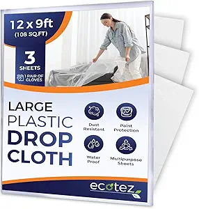 3 Pack 12 x 9 ft Extra Large Plastic Drop Cloth for Painting – Light & Durable Tarp Cover for Furniture – Plastic Clear Tarp Waterproof – Paint Floor Covering – Painters Drop Cloth Sheeting