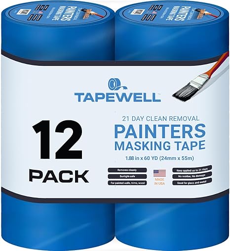 TAPEWELL Multi-Surface Blue Painters Tape 2 Inch (1.88 X 60 Yards), No Resuide, Removes Easily Blue Masking Tape, Pack of 12