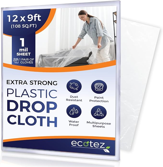 1 Pack 12 x 9 ft Extra Large Plastic Drop Cloth for Painting – Light & Durable Tarp Cover for Furniture – Plastic Clear Tarp Waterproof – Paint Floor Covering – Painters Drop Cloth Sheeting