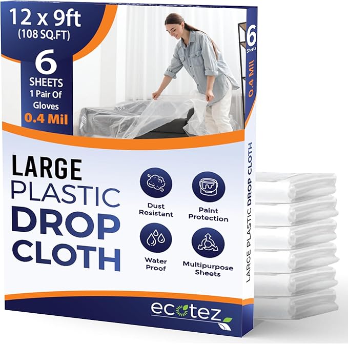 6 Pack 12 x 9 ft Extra Large Plastic Drop Cloth for Painting – Light & Durable Tarp Cover for Furniture – Plastic Clear Tarp Waterproof – Paint Floor Covering – Painters Drop Cloth Sheeting