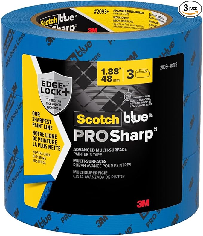 ScotchBlue PROSharp Painter’s Tape 2 Inch Wide (1.88 in x 60 yd) 3 Rolls Blue Tape Protects Surfaces and Removes Easily, Edge-Lock Tape for Indoor and Outdoor Use (2093+-48AC3)