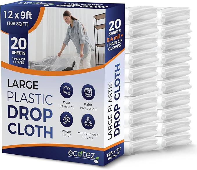 20 Pack 12 x 9 ft Extra Large Plastic Drop Cloth for Painting – Light & Durable Tarp Cover for Furniture – Plastic Clear Tarp Waterproof – Paint Floor Covering – Painters Drop Cloth Sheeting